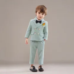 Boys Suits 4yrs To 12yrs for Wedding Blue Green Pink Elegant Double Breasted Blazer Set Children Host Piano Performance Costume