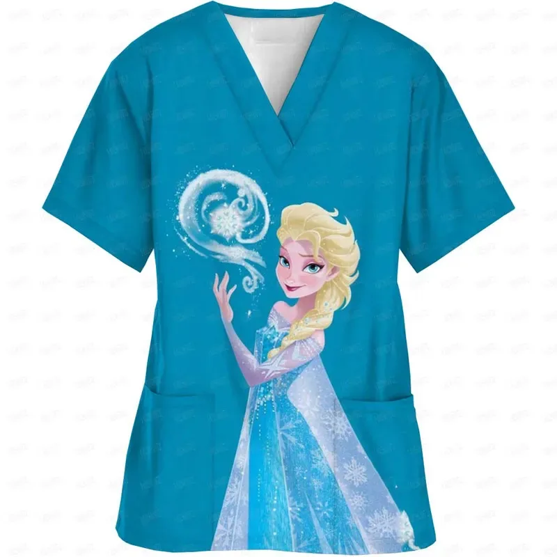 Womens Short Sleeve V Neck Disney Princess Print Top Nursed Working Blouse With Pockets Mock Hospital Nursing Uniform Accessory