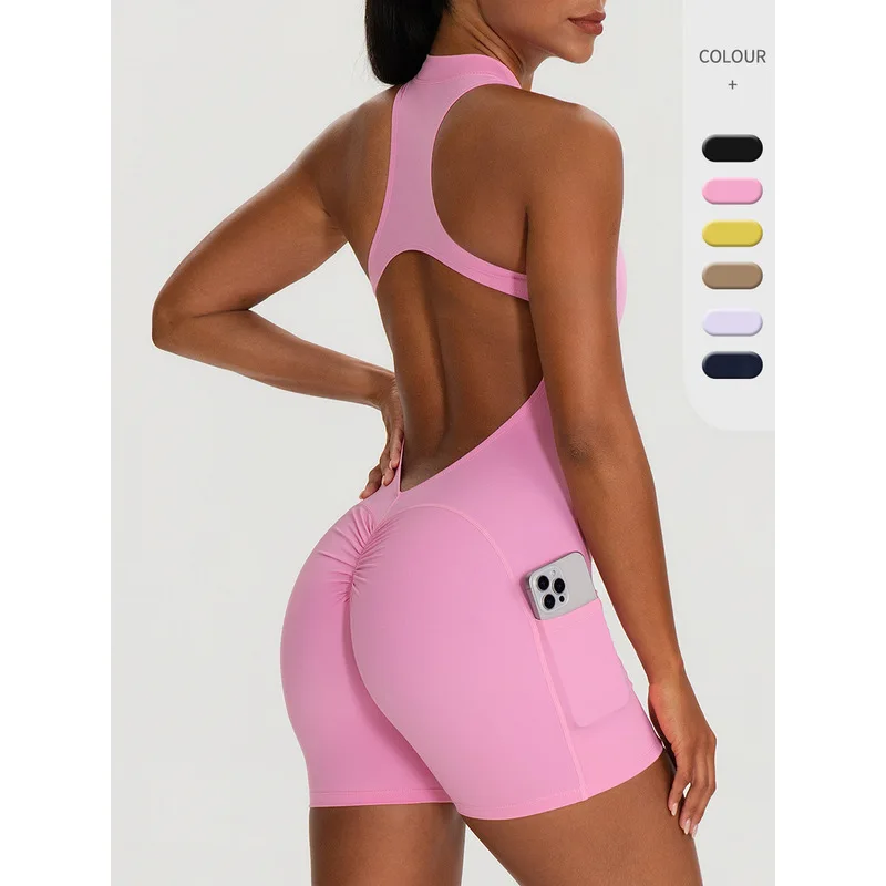 Combinaison de yoga pour femmes avec découpe dans le dos, soutien-gorge rembourré intégré et poches latérales, combinaison moulante rehausseur de fesses pour entraînement de Pilates, Réf.