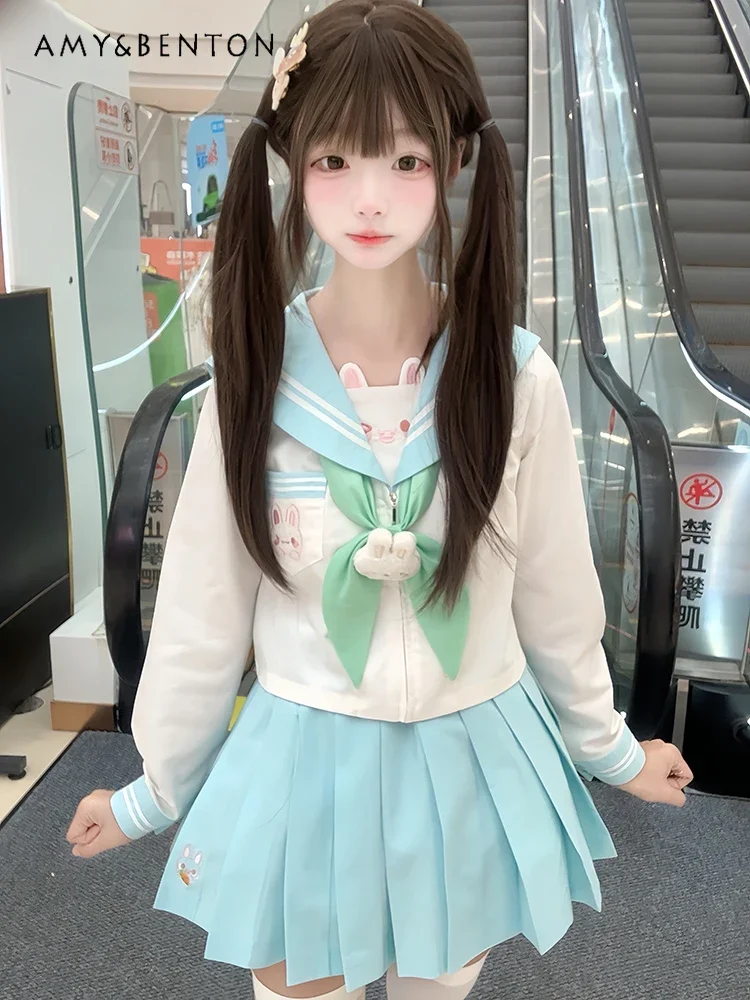 اليابانية نمط Preppy لطيف Jk موحدة الإناث الحلو الكرتون التطريز آذان أرنب البحرية طوق قميص مطوي تنورة قطعتين مجموعة