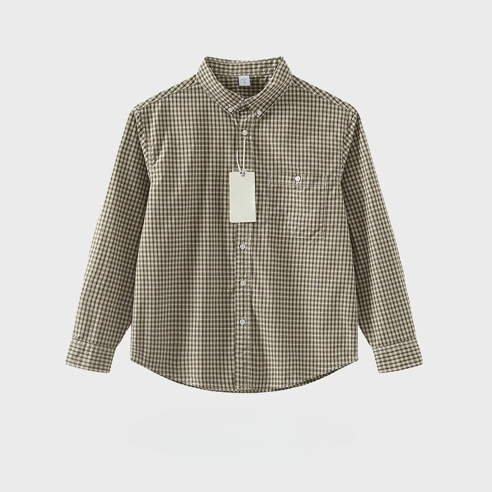 2026 Spring and Autumn Men's Long Sleeve Shirt Pure Cotton Washed Trend Plaid Shirt Casual