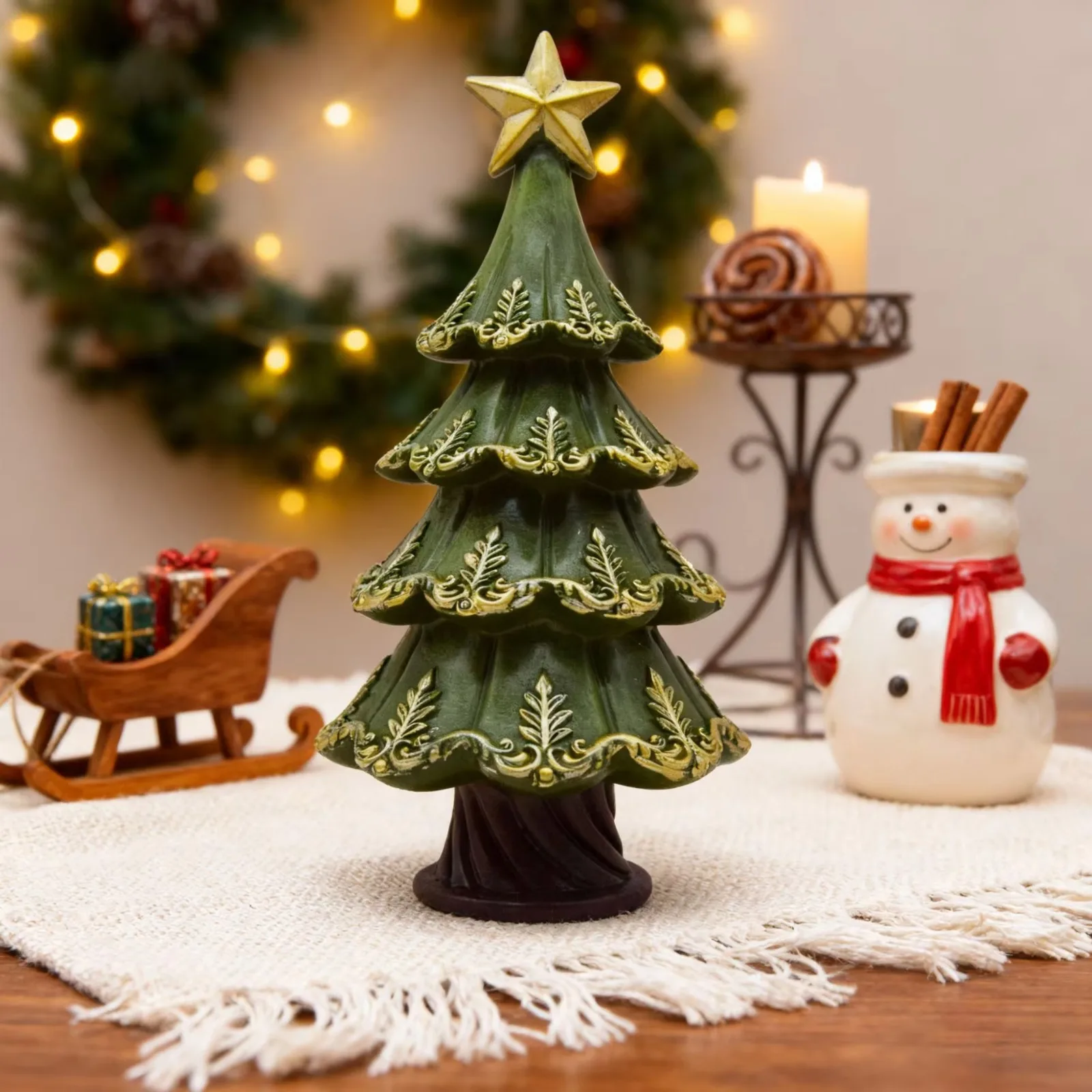 Christmas Tree Resin Figurine Holiday Decor Golden Trimmed Ornament Tabletop Display Indoor Home Accent Festive Art Mantel Decor