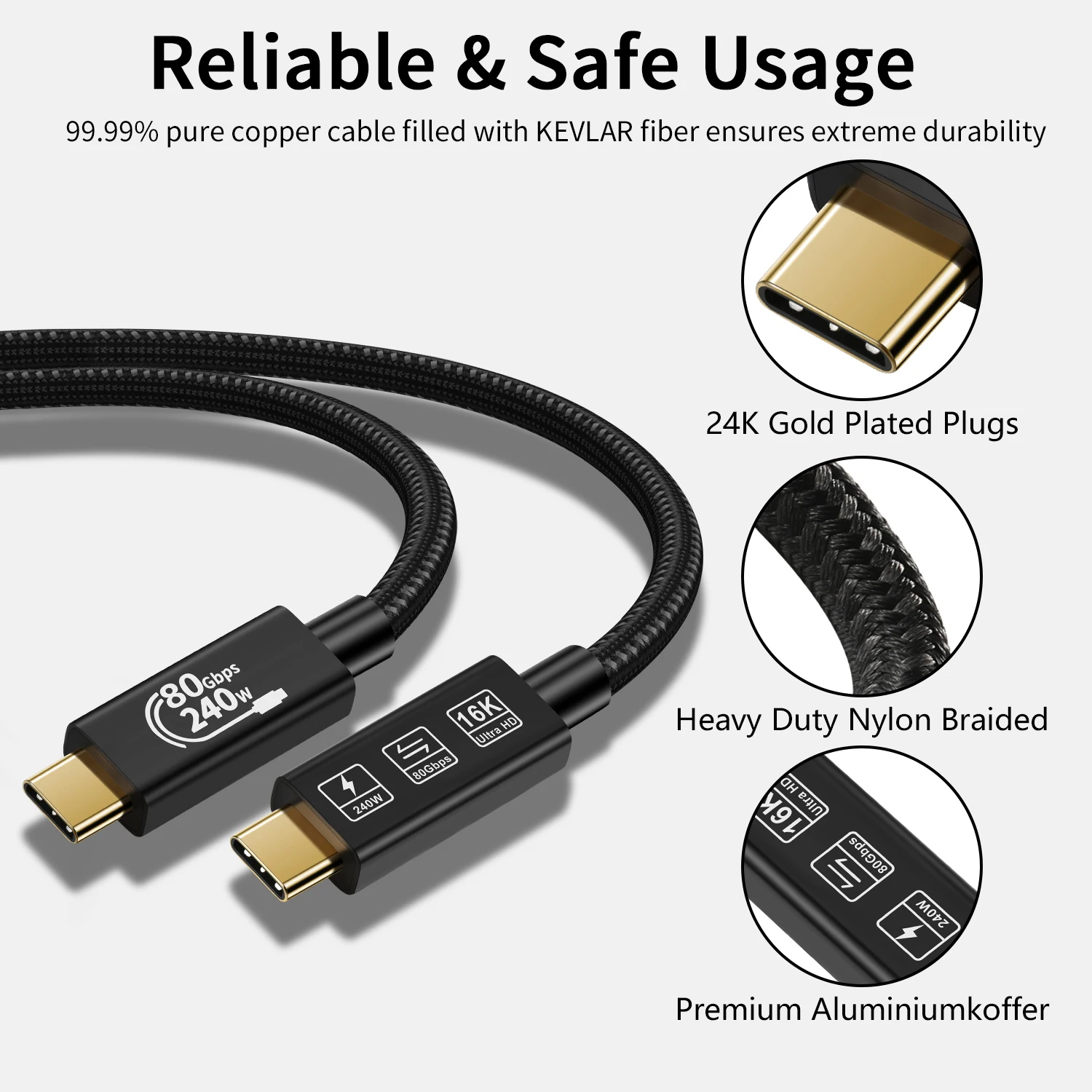 CABLEDECONN 80Gbps Thunderbolt 5 Cable with up to 120Gbps Bandwidth Amplification and 240W Charging Power