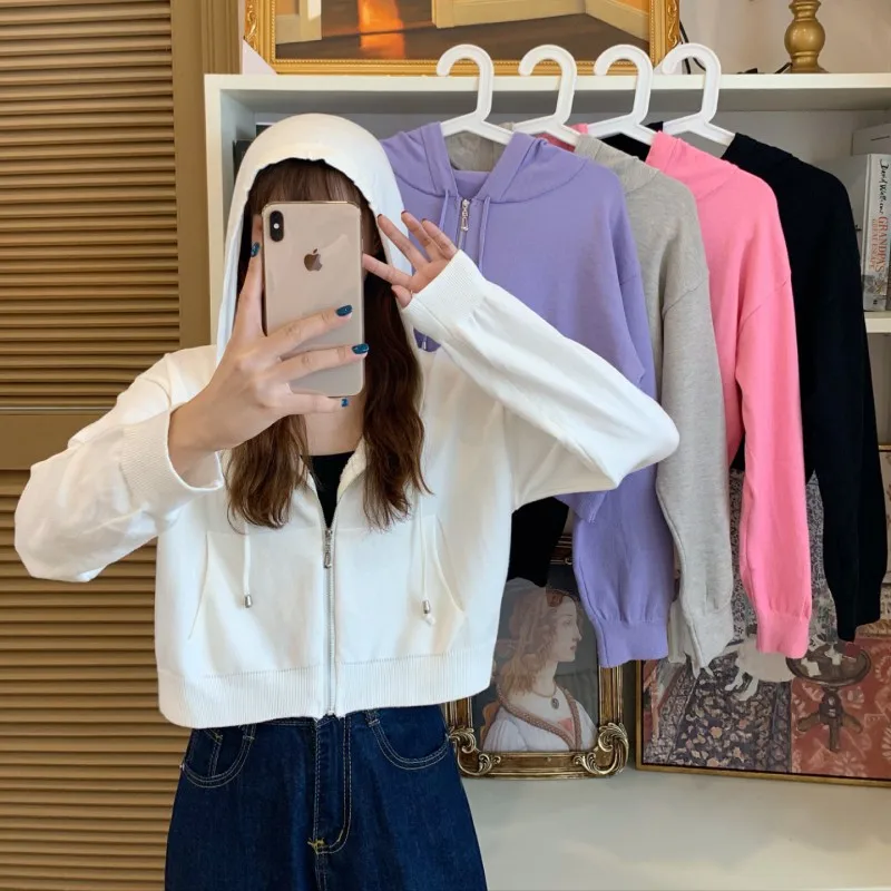 2024 Fall Casual Women Pockets Cropped Zip Up Fleece Purple Hoodies Korean Winter Jacket Hoodie Basic Harajuku Clothes Outwear