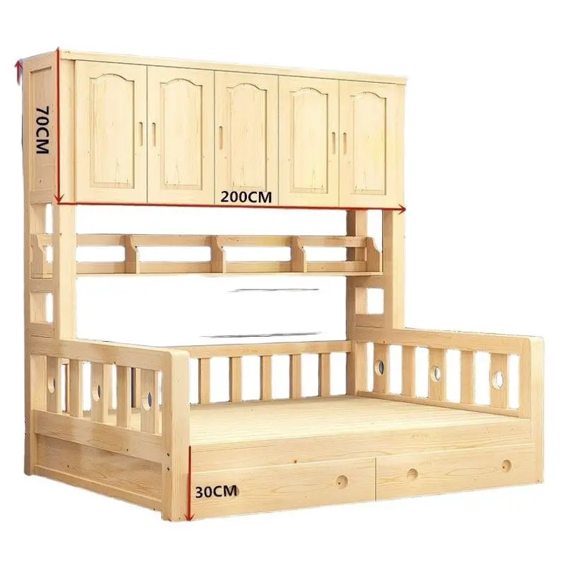 Solid wood wardrobe, bed multi-functional combination space-saving pine storage integrated bed, cabinet for the whole house