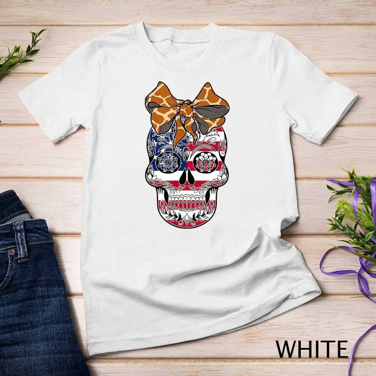 Divertente bandiera degli stati uniti 4 luglio Sugar Skull giraffa Animal Print Bow t-shirt Unisex