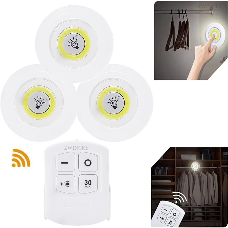 Smart Wireless Led Light Kitchen Under Furniture Dimmable Lamps Bedroom Wardrobe Lighting Round with Remote Control LED Lights