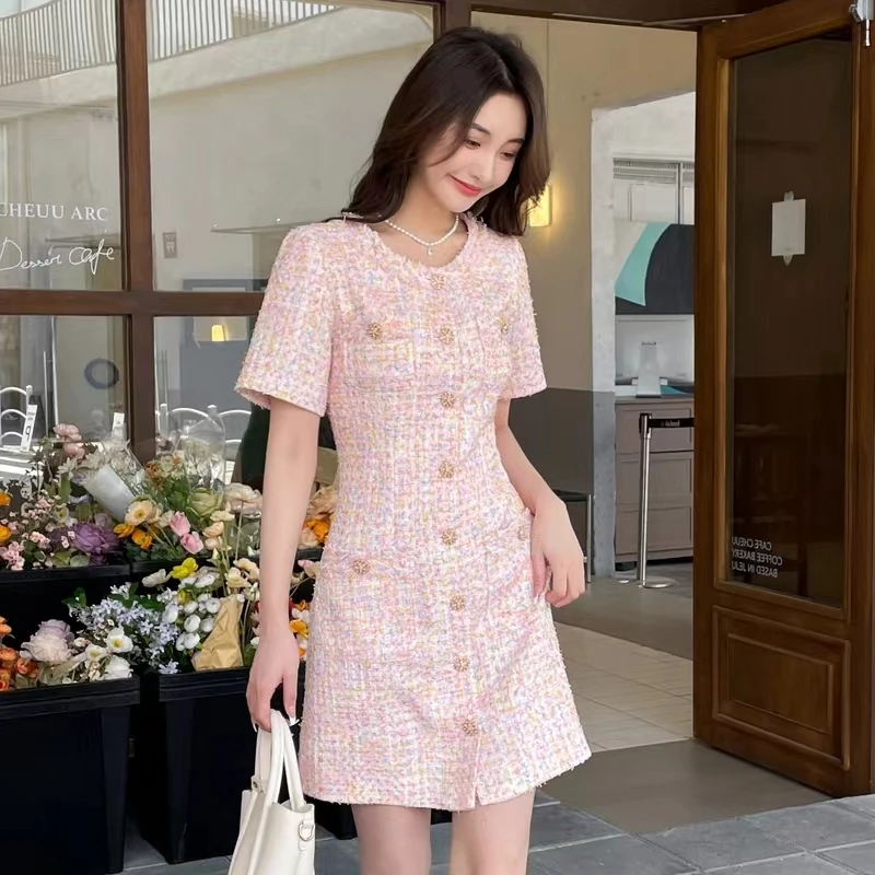 

High Quality Luxury Pink Tweed Dress Women Summer Round Neck Short Sleeve Single Breasted A-line Dress Elegant Office Lady Dress