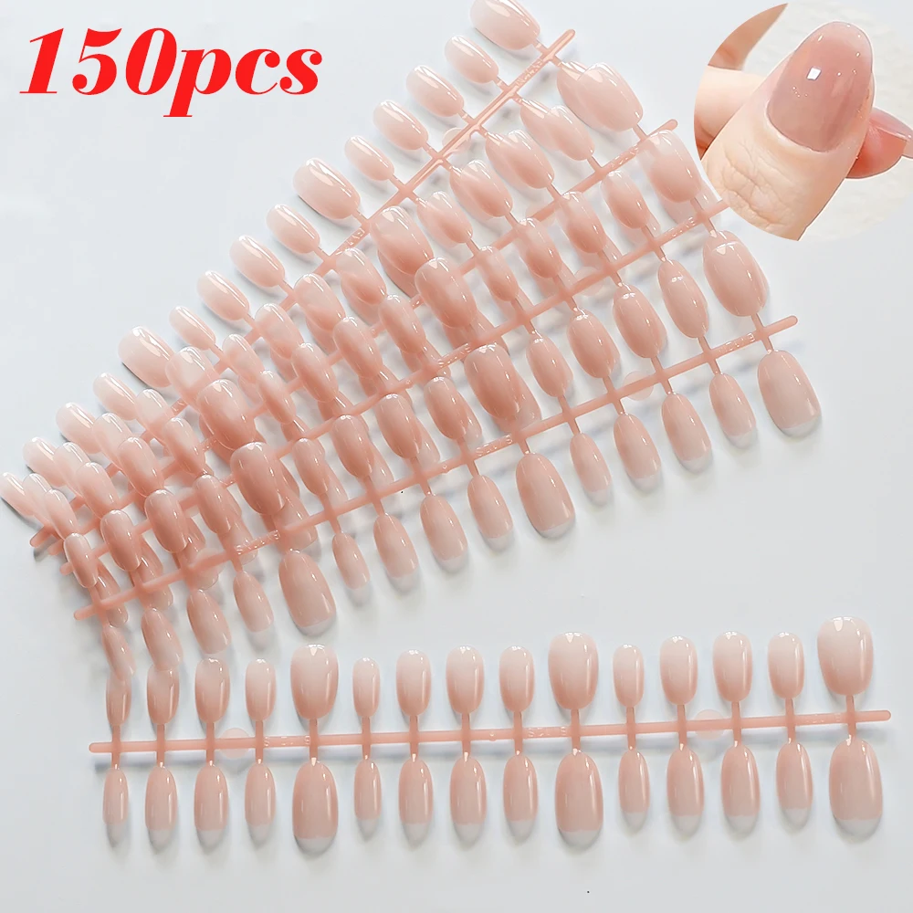 150/120 pçs acrílico nu curto amêndoa unhas falsas artificial wearable imprensa em unhas feminino brilhante cobertura completa dicas de unhas falsas francesas