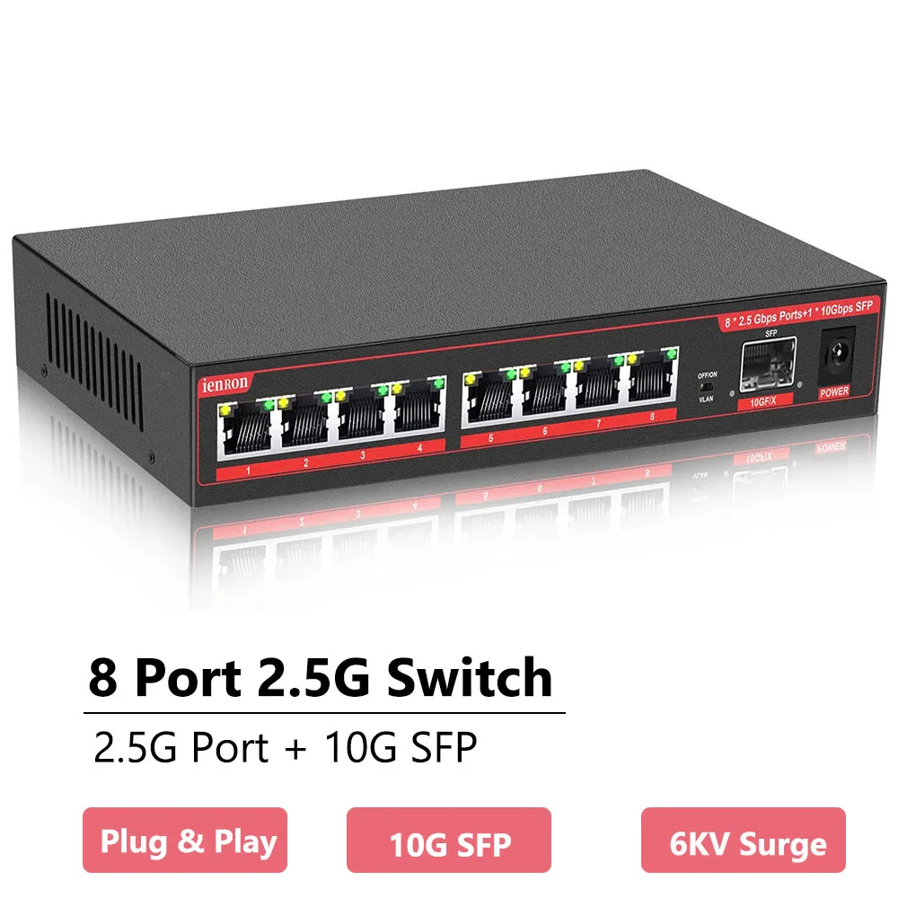 2.5G 8 Port Gigabit Switch Ethernet Switch 2500Mbps RJ45 Network Switch 10G SFP Home Lab Hub Internet Splitter Plug and Play