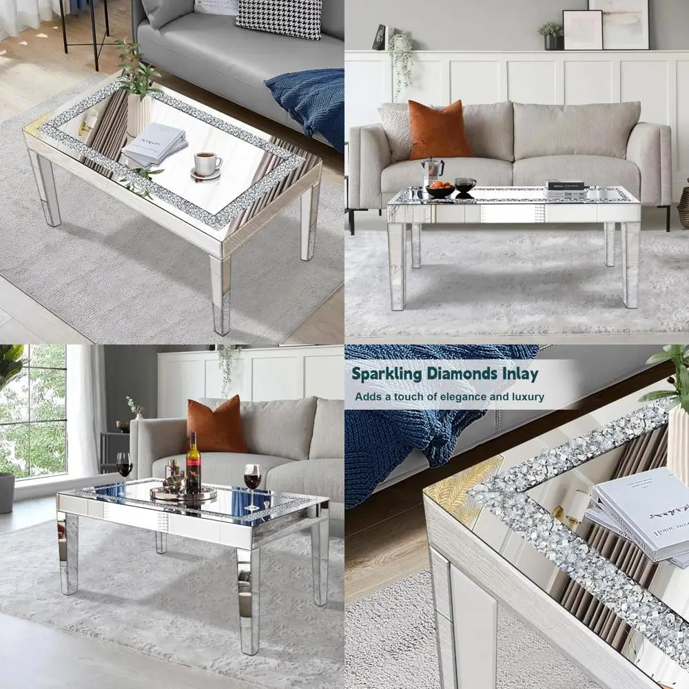 

Gleaming Silver Coffee Table with Crystal Accents, Rectangular Glass Living Room Table with Mirrored Surface, Contemporary Centr
