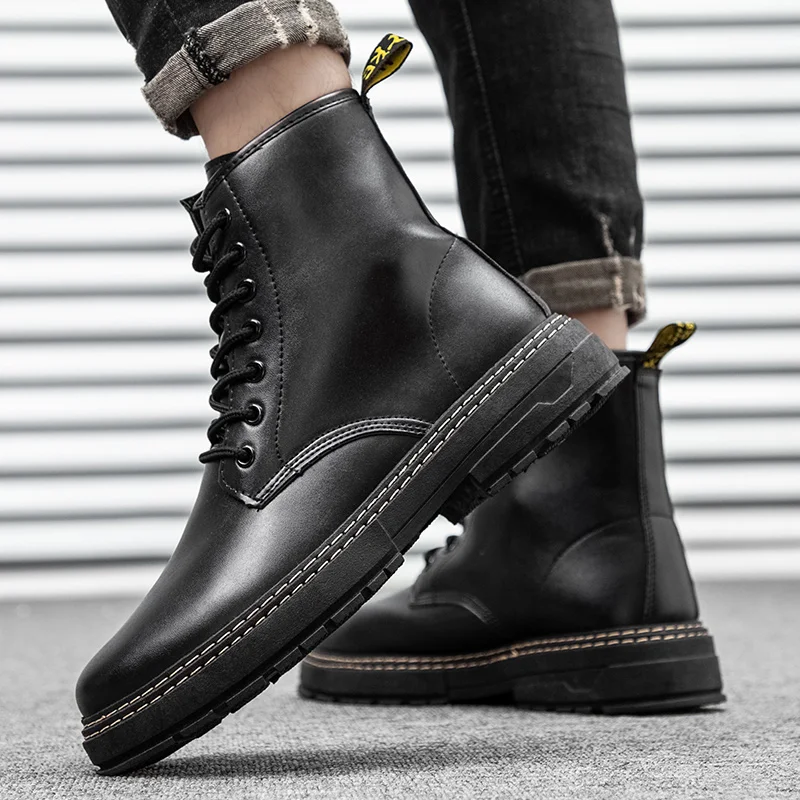 High Top Boots Men\'s Leather Shoes Fashion Motorcycle Ankle Boots for Men Winter Boots Man Shoes Lace-Up Botas Hombre