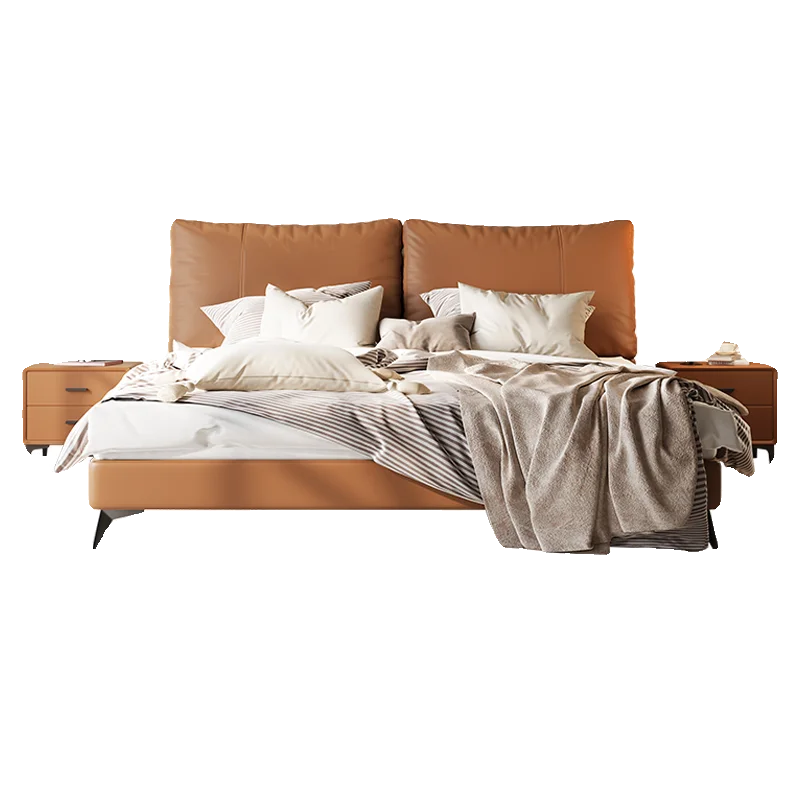 #European Luxury Leather Bed Frame Modern Design Hand Carved Solid Wood Soft King Size Bed Furniture