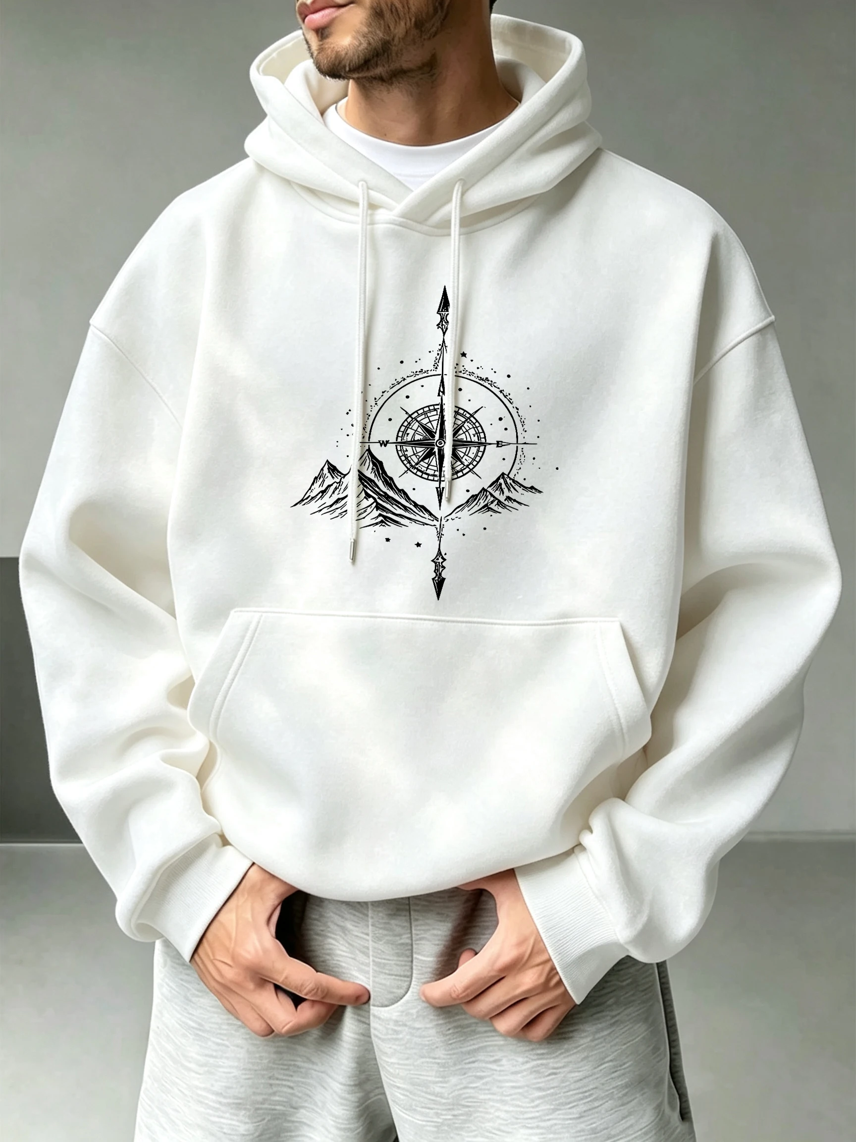 Creative Compass Mountainprint Men Loose Hoodie Pocket Office Pullover Autumn All-Match Top Casual Fleece Unisex Vintage Clothes