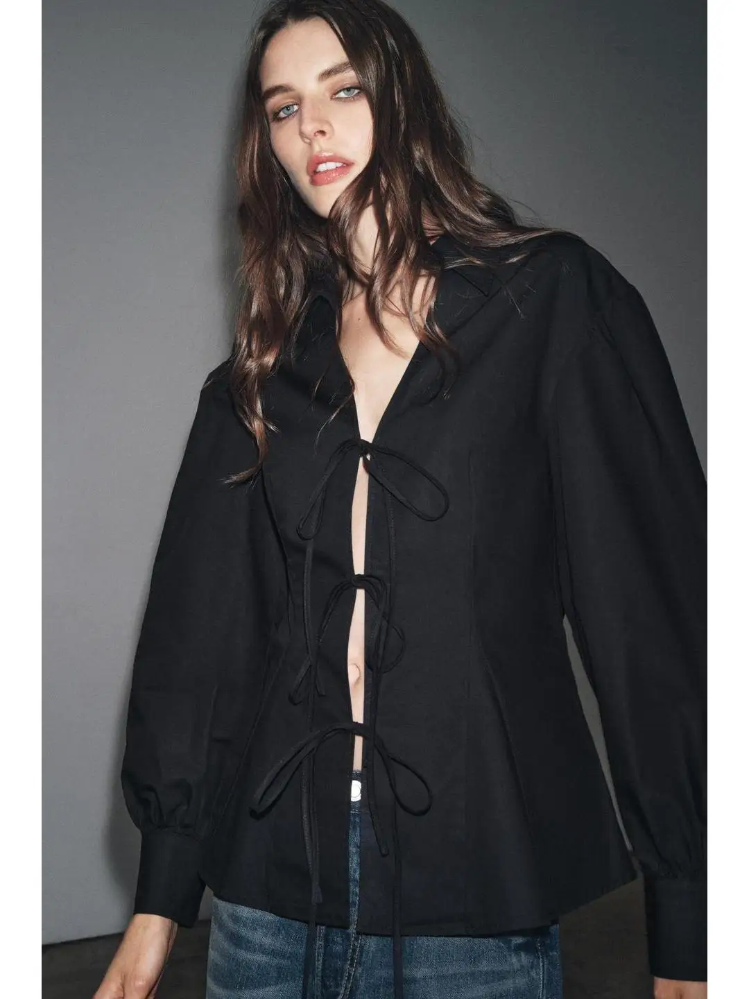 French Sle Long Sve irt con chiusura a farfallino Colletto rialzato Dstring Nodo decorato Interno taglie forti da donna...