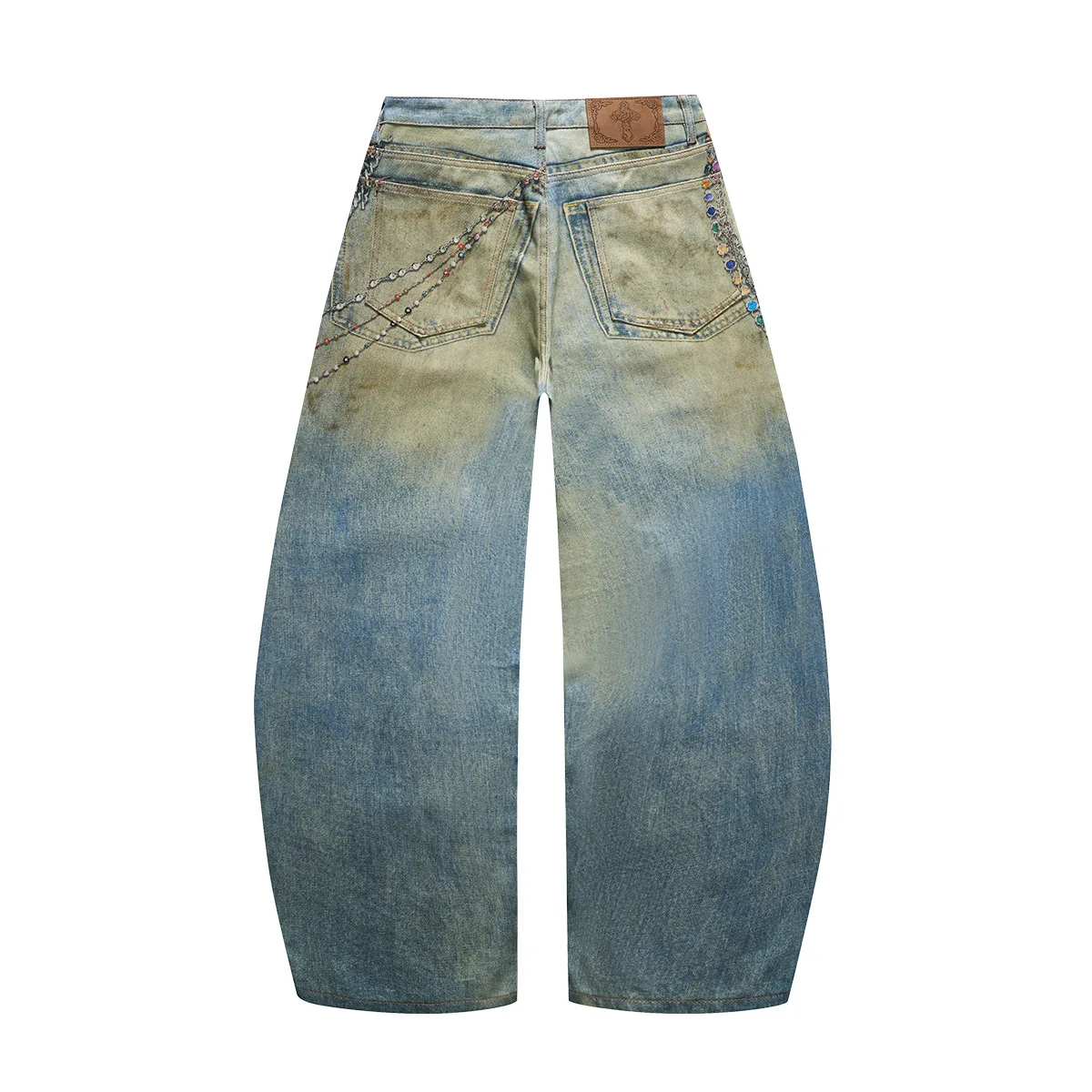 MWJLPWQ Y2K Style Digital Chain-Decorated Printed Distressed Ripped Jeans Men's Niched New Wide Leg Denim Long Pants 21461