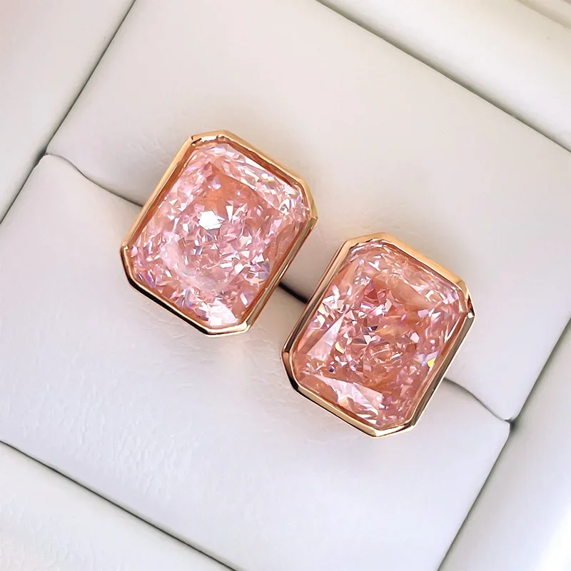 Yellow Diamond s925 Earrings Rectangular Colorful Diamond Pink High Carbon Diamond Commuter Earrings Handmade Wedding