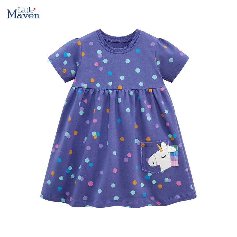 Little maven Summer Cute Kids Clothes Cotton Birthday Vestidos Cartoon Unicorn Dresses Children Clothing Dot Girls Party Dresses