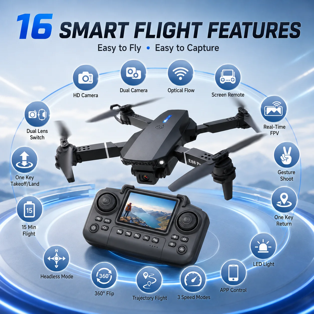 Screen Control Drone Optical Flow Positioning Brushless Motor Dual HD Camera 90° Adjustable 110° Wide Angle 50X Zoom FPV Quadcopter