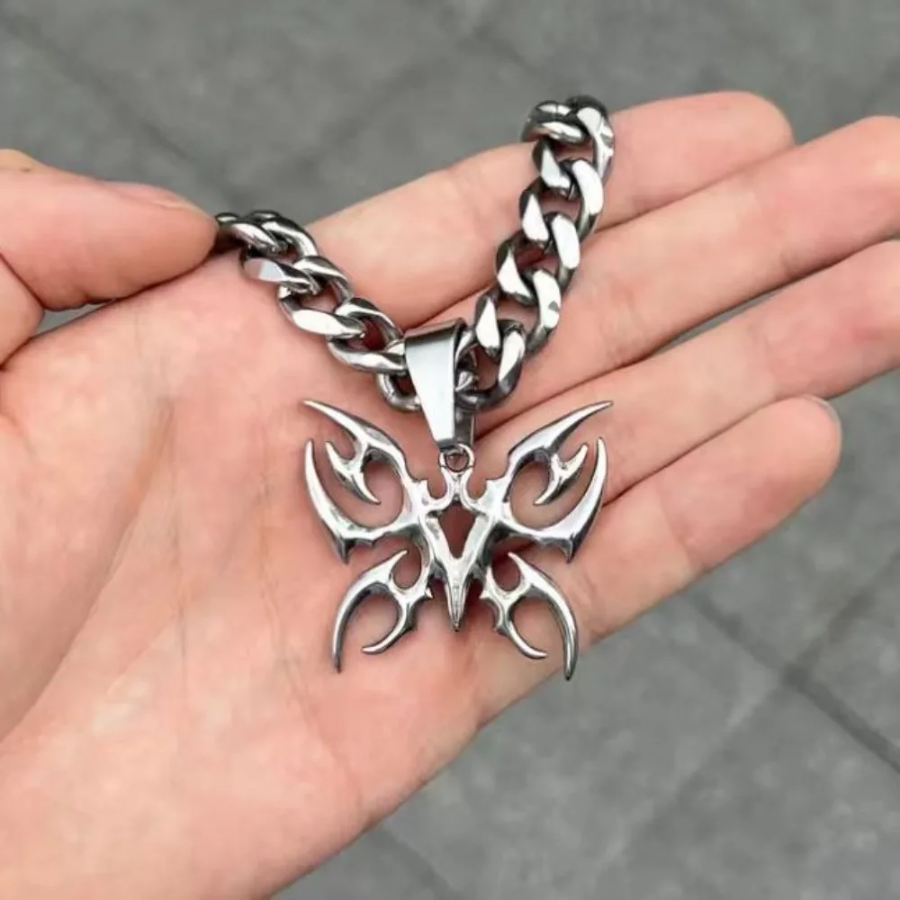 Gothic Tribal Sliver Color Butterfly Pendant Stainless Steel Cuban Chain Necklace for Men Women Cyberpunk Alternative Jewelry