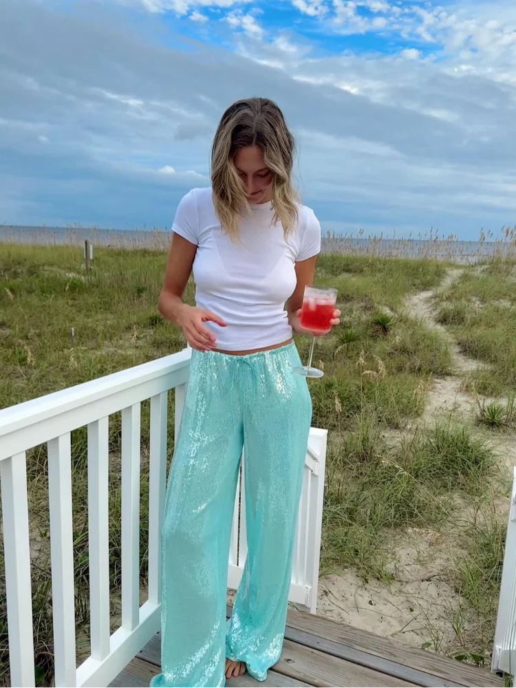 Solid Women Sequined Pant Fashion Lace Up Female Wide Leg Pant Casual Lady Loose Trouser Streetwear Summer Autumn 2026