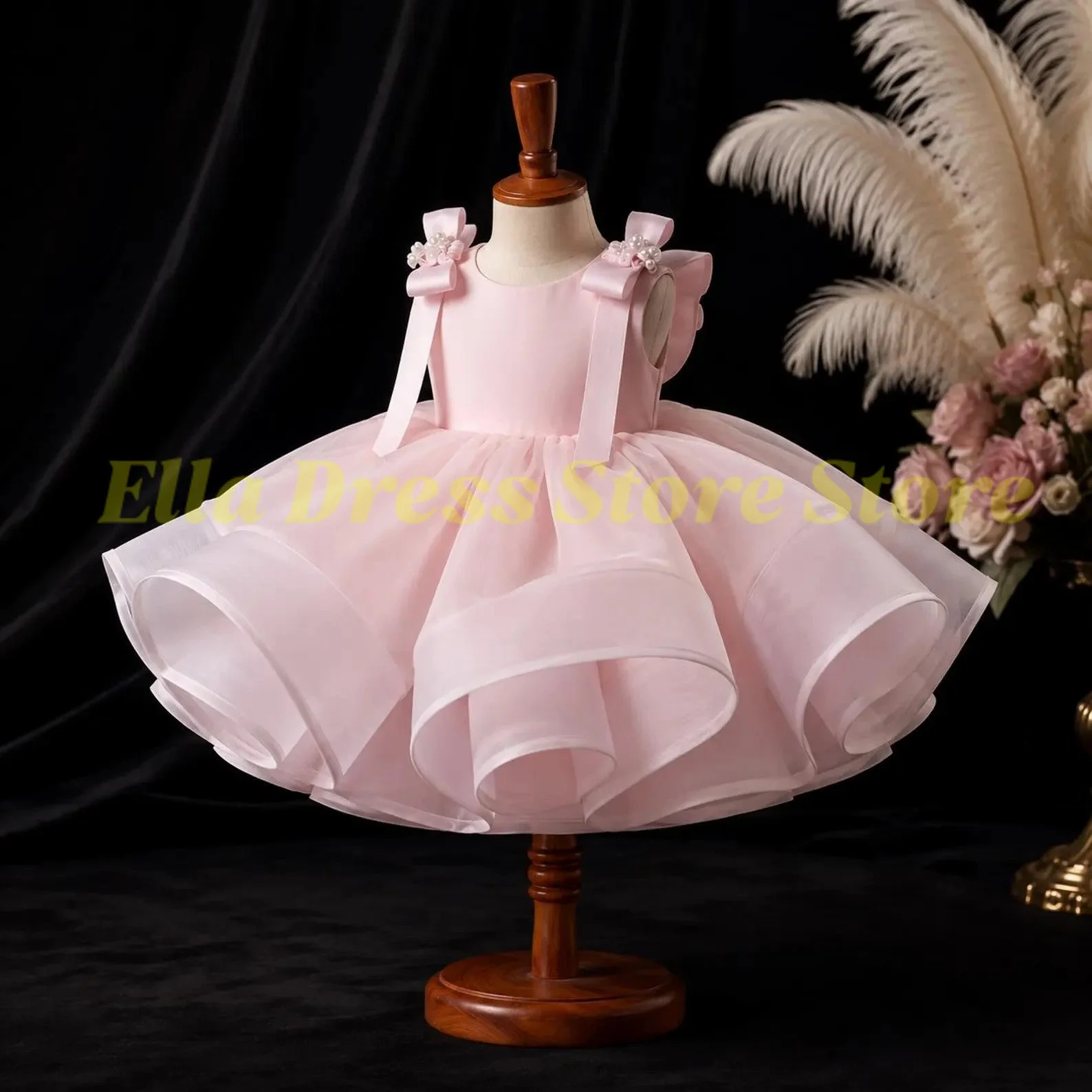 Rosa Blumenmädchenkleid für Hochzeiten, bauschig, ärmellos, aus Tüll mit Schleife, Prinzessinnenkleid für Kindergeburtstage, Erstkommunion, Ballkleid – Detail 3