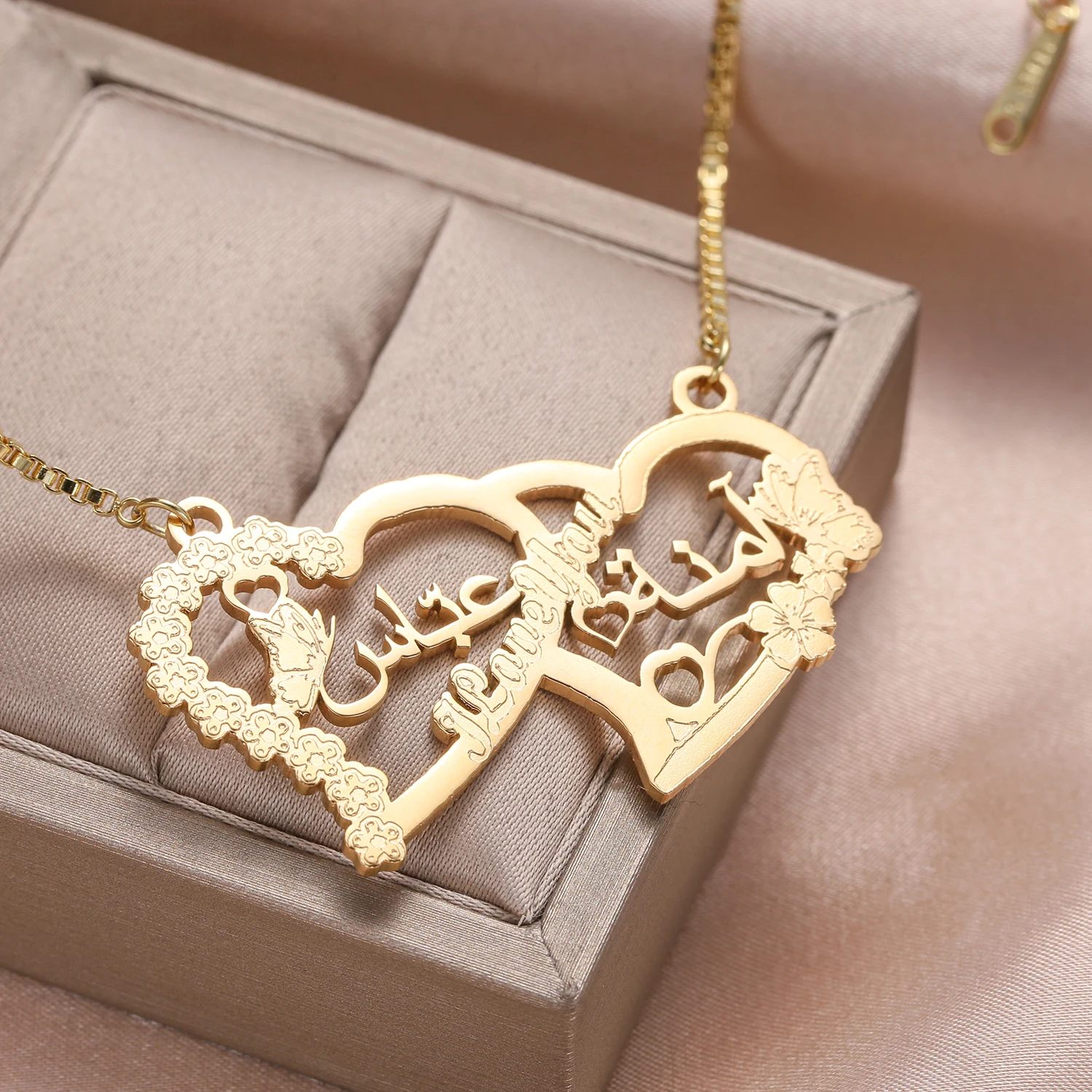 Personalized Arabic Name Two Love Necklace Box Chain Custom Etched Flower Butterfly Pendant Islamic Jewelry Couple Gift For Her