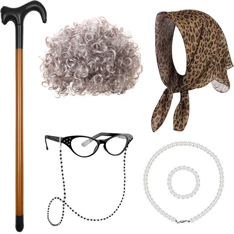 Halloween Back-to-School 100 Days Old Lady Costume Set Wig COS Elderly Grandmother Wig Walking Stick Headscarf Pearl Necklaces view 3