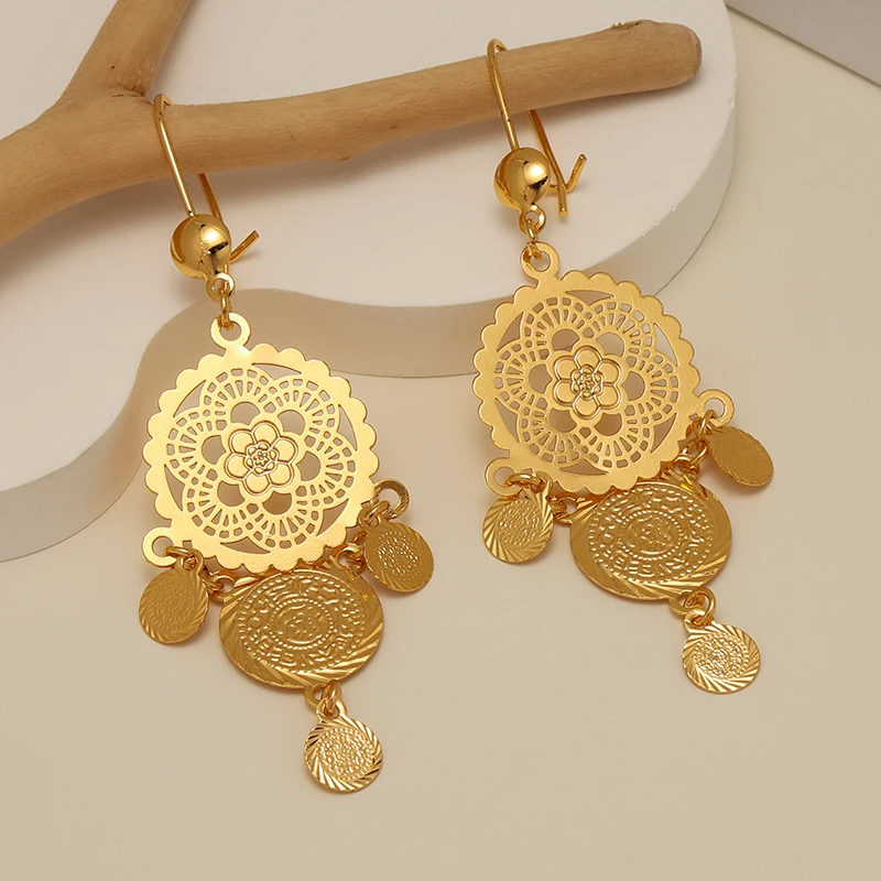 

KDE Nigeria Coin Earrings for Women Girls Ethiopian Turkey Gold Colored Round Flower Earrings Arab Syria Jewelry