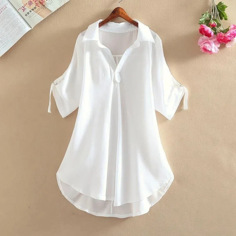 Medium to Long Short Sleeved Chiffon Shirt for Women's Summer New Style Loose Fit Waist Cinching Slimming Chiffon Top