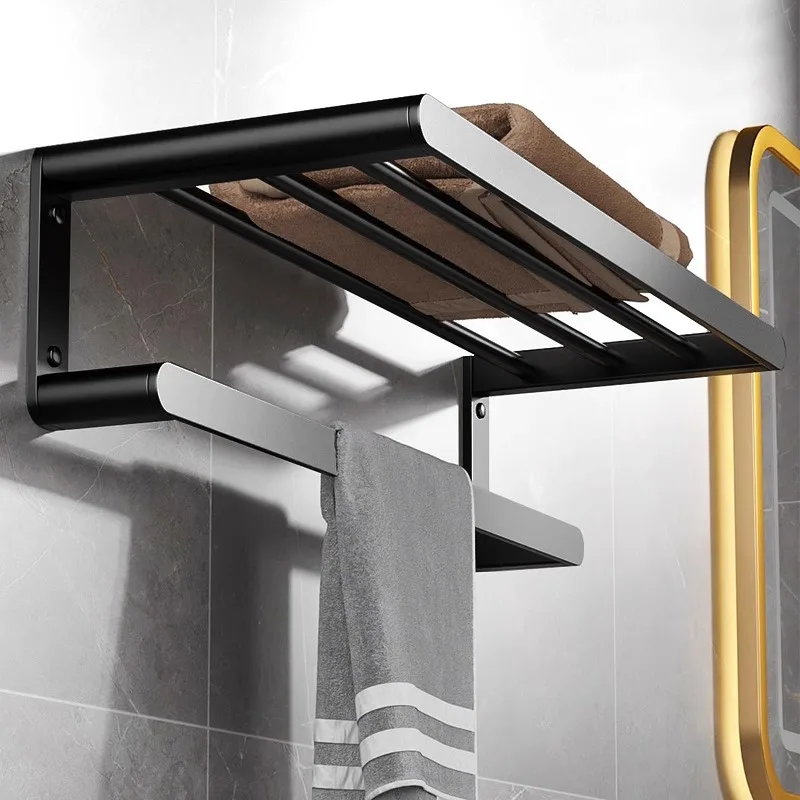 

Bathroom Towel Rack No Punching Toilet Space Aluminum Towel Rack Shelf Light Luxury Wall Hanging Black Pendant Set
