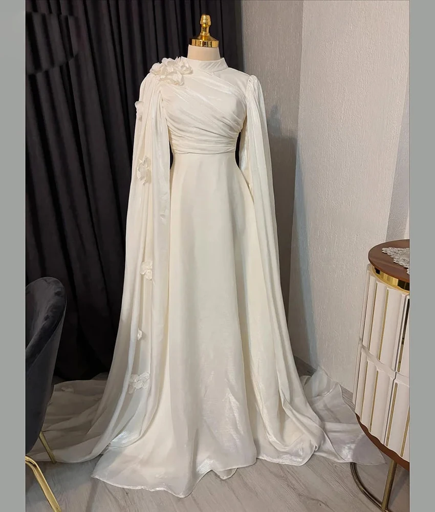 

MCDV Customized Graceful Chiffon A-Line 3D Flowers Evening Dress Temperament High Collar Long Sleeves Floor Length Prom Gowns