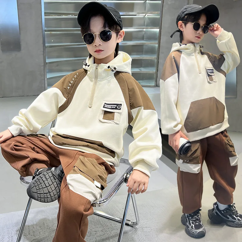 Korean Spring Autumn School Boy Tracksuit Teenager Boy Hooded Contrast Half Zip Sweatshirt+Sport Pants Junior Boy Sport Suit