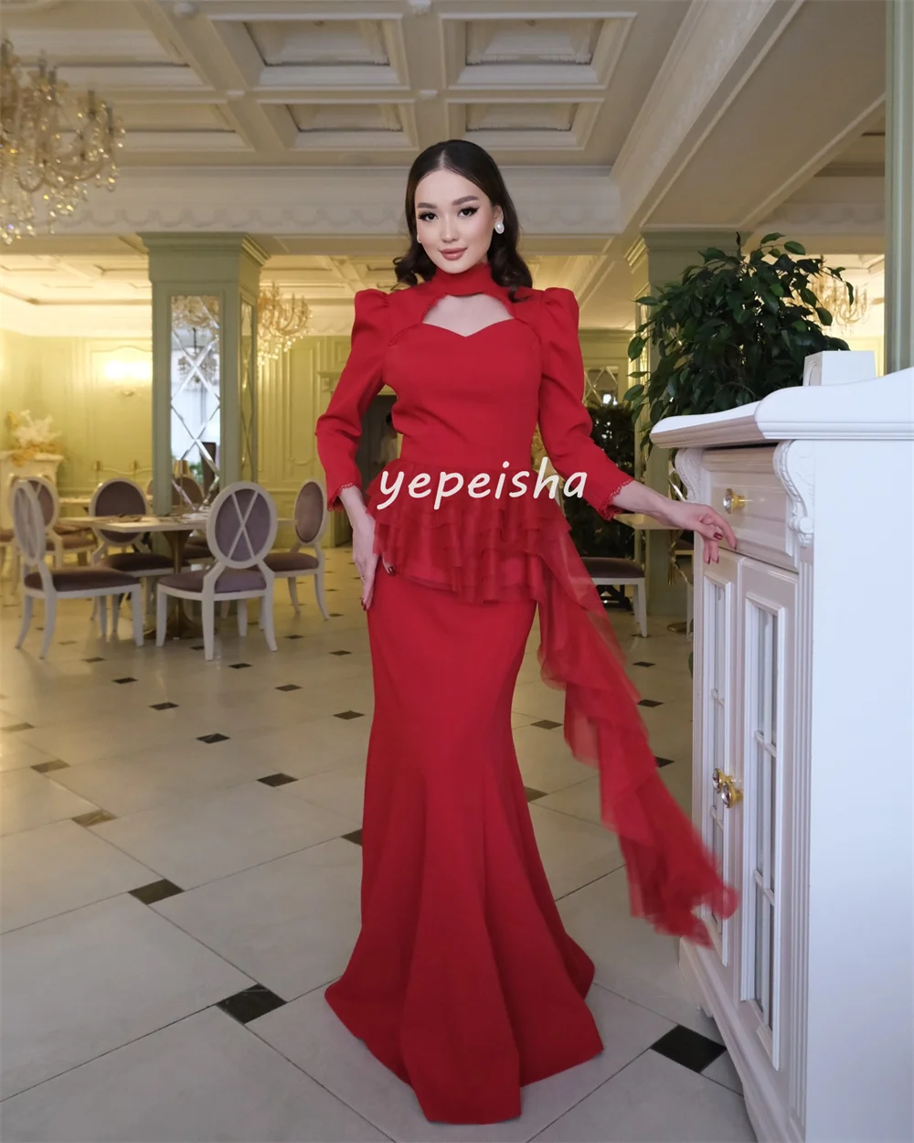 Customized Fashion High Quality Jersey Pleat Tiered Mermaid High Collar Long Dresses Bespoke Occasion Dresses Exquisite Classic