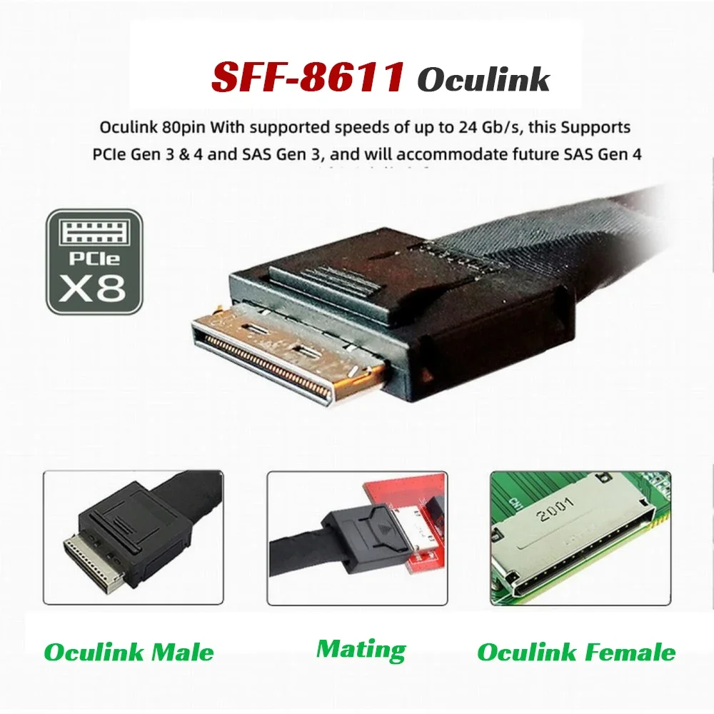 Oculink 8x a Dual 4x SFF-8639 U.2 SSD Cable activo de datos 0,5 m 80 pines macho a macho PCI Express 16Gbps NVMe Compatible