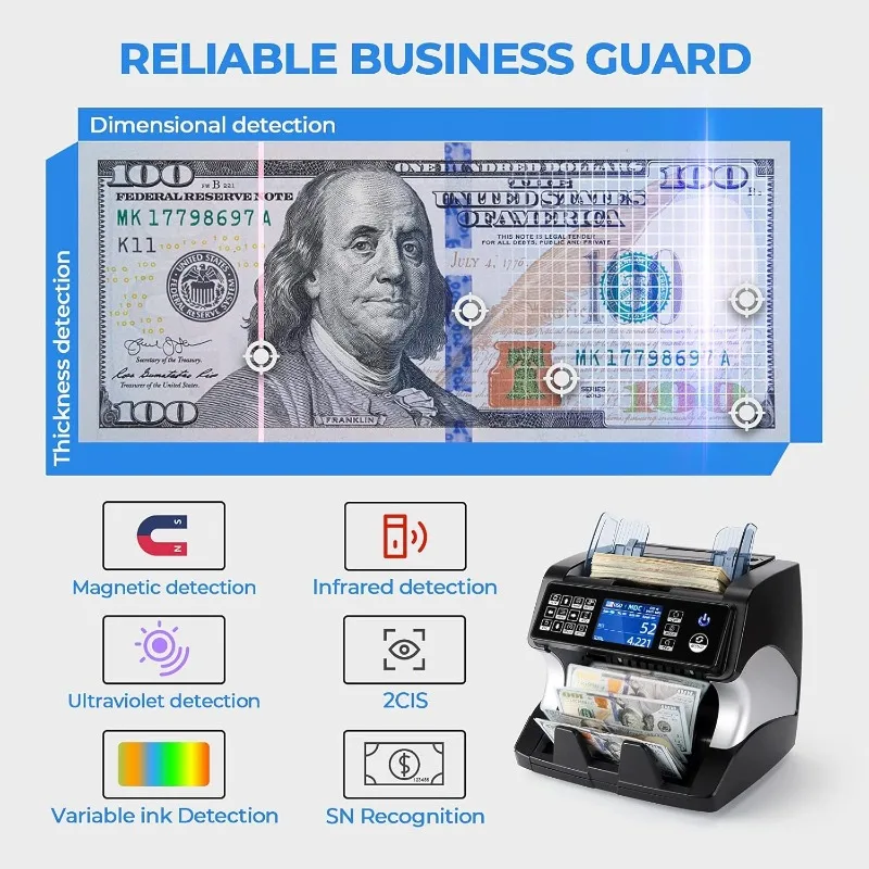 Bank Grade Money Counter Machine Mixed Denomination, 2CIS/UV/IR/MG/MT Counterfeit Detection, Serial Number