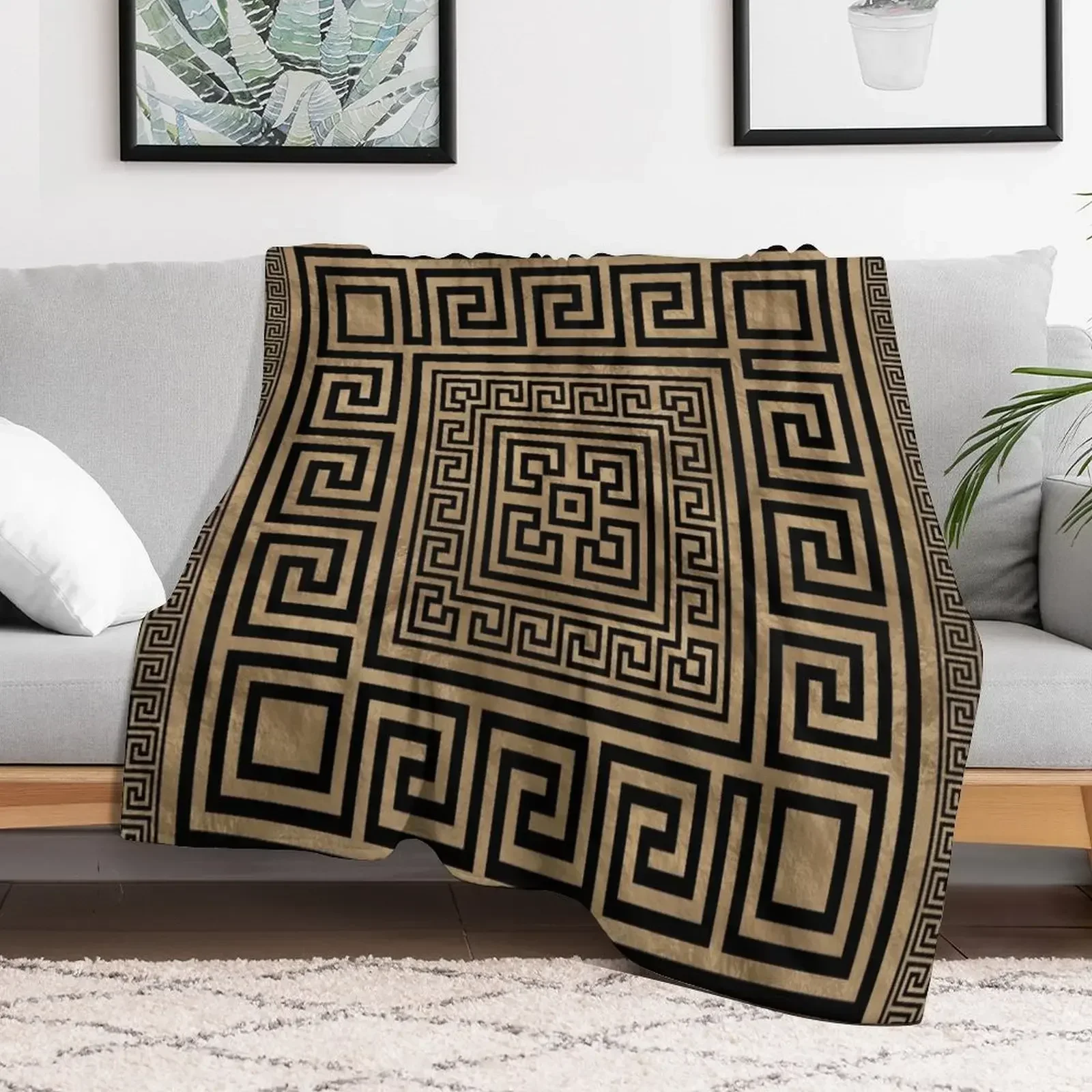 

Greek Key Ornament - Greek Meander -Black on gold Throw Blanket anime Winter beds Blankets