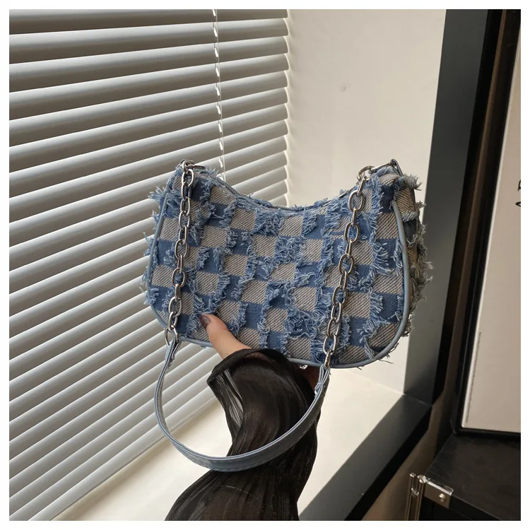 Damen-Tragetasche mit Sternmuster, blauem Distressed-Design, goldfarbene Hardware, stilvolle Handtasche, Umhängetasche für den täglichen Gebrauch – Detail 6