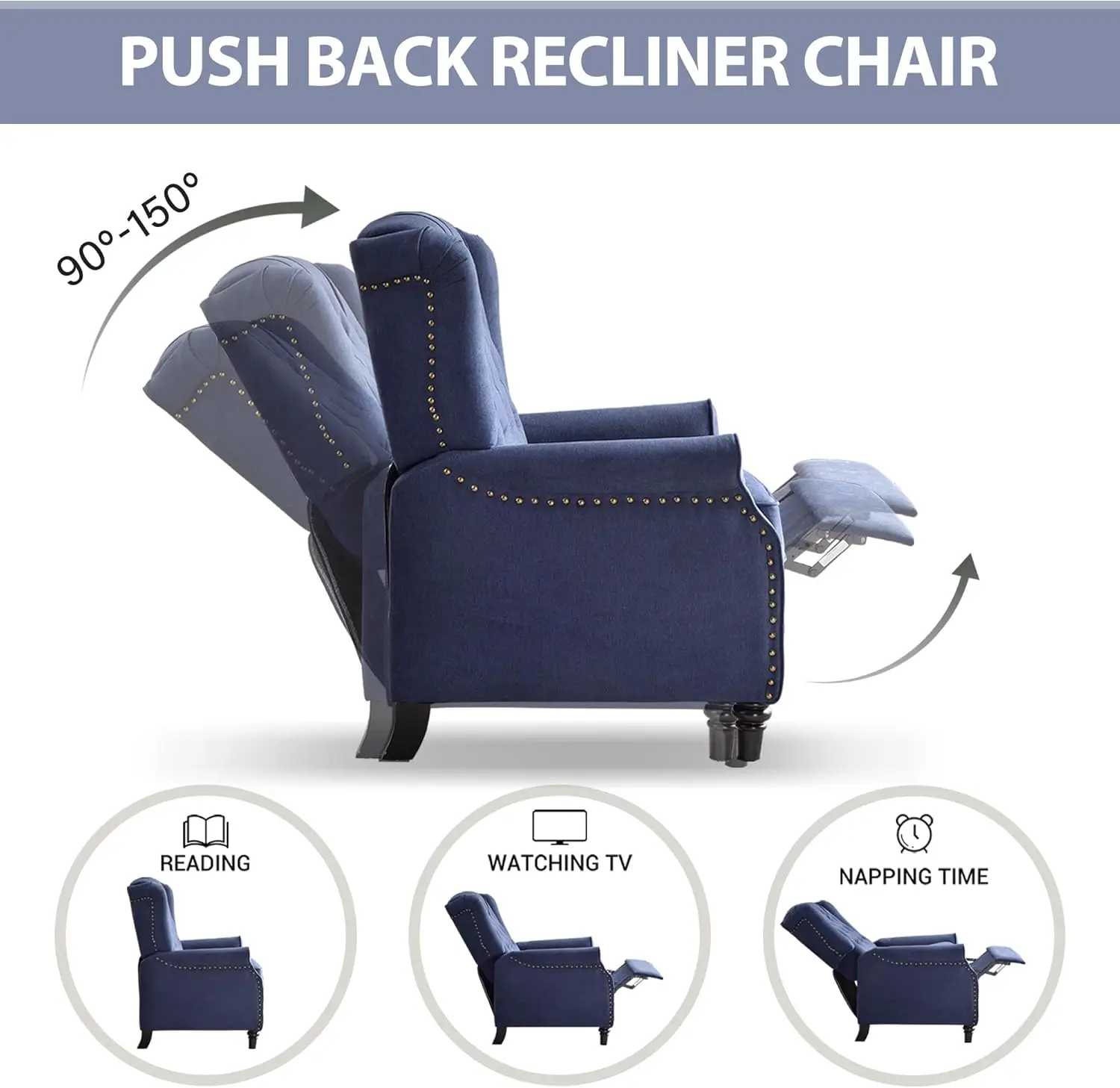 Push Back Recliner Chair Mid Century Wingback Recliner Fabric Push Back Recliner Chair Single Armchair Sofa with Rivet Decoration for Living Room