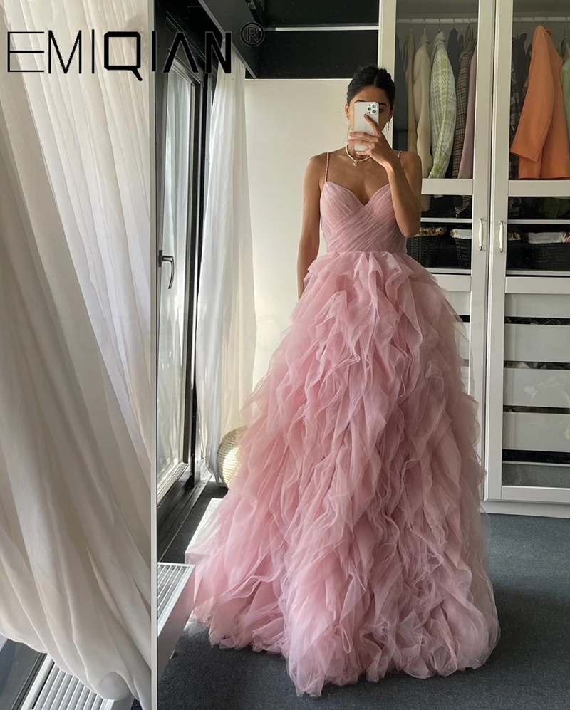 Princess Ruched Tulle Prom Evening Puffy Dress Maxi Spaghetti Straps Engagement Party Gowns Випускна сукня