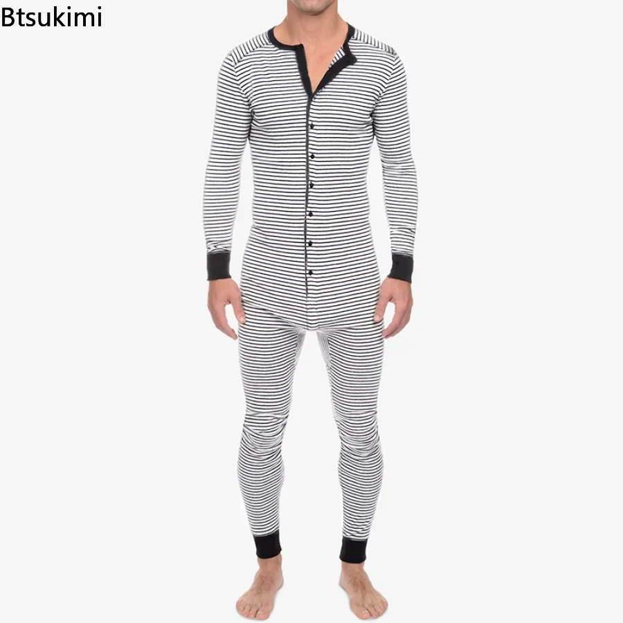 Men Underwear Pajama Skinny Striped Jumpsuit Long Sleeve O Neck Buttons Romper Sleepwear Overall Wholesale Onesies- Pajama Set