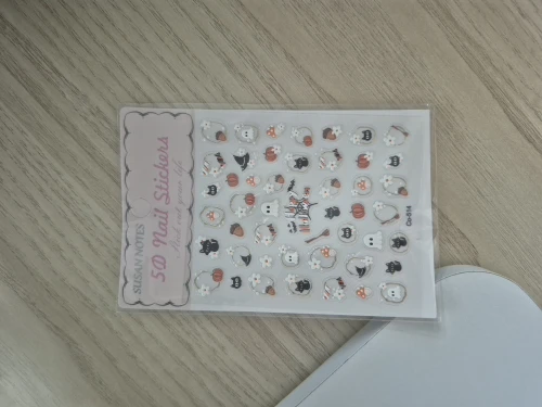 5D Embossed Halloween Nail Stickers Self‑Adhesive Nail Decals with Ghost Pumpkin Cat Mushroom Patterns Gold‑Trim Manicure Slider photo review