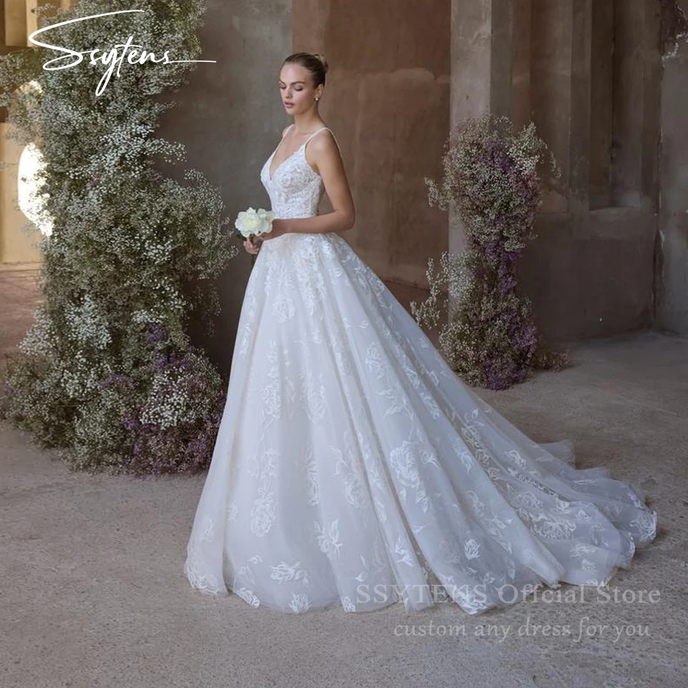 

SSYTENS Romantic Wedding Dresses 2026 Tulle A Line V Neck Lace Appliques Open Back Vintage Bride Dress Bridal Dress Customized