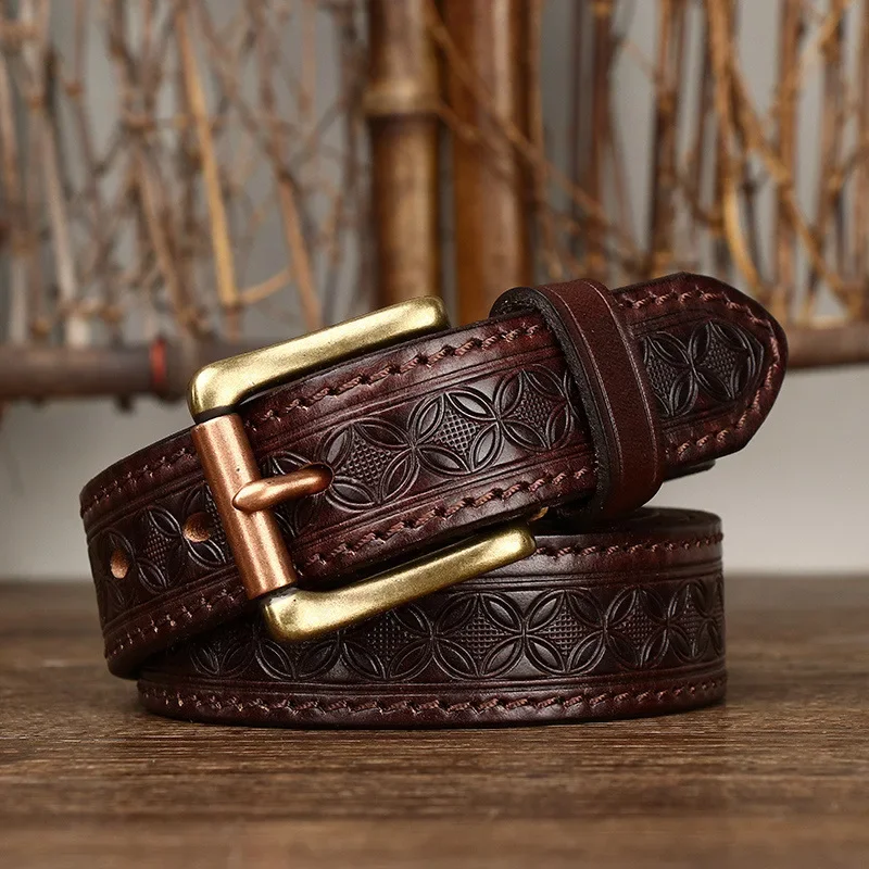 

3.3cm Grain Real Genuine Cowskin Soft Cowhide Personality Lucky Totem Vintage Luxury Copper Buckle Jeans Belts For Men