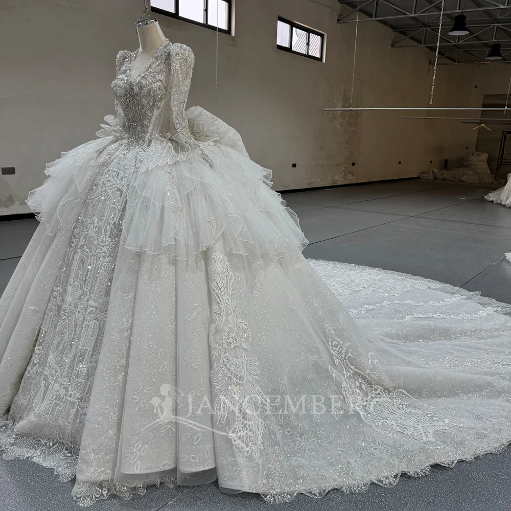 فساتين زفاف بسيطة من الأورجانزا بأكمام طويلة وطيات لالتقاط الصور بطول الأرض ومشد خلفي مخصص للعروس #5