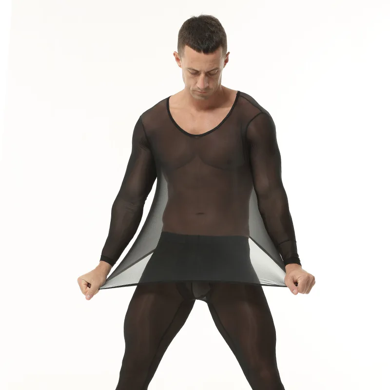 Men's Undershirt Leggings Suit Ultra-Thin Ice Silk Underwear Transparent Sexy Tights Bottom Suitfitness Muscle Bottom Suit