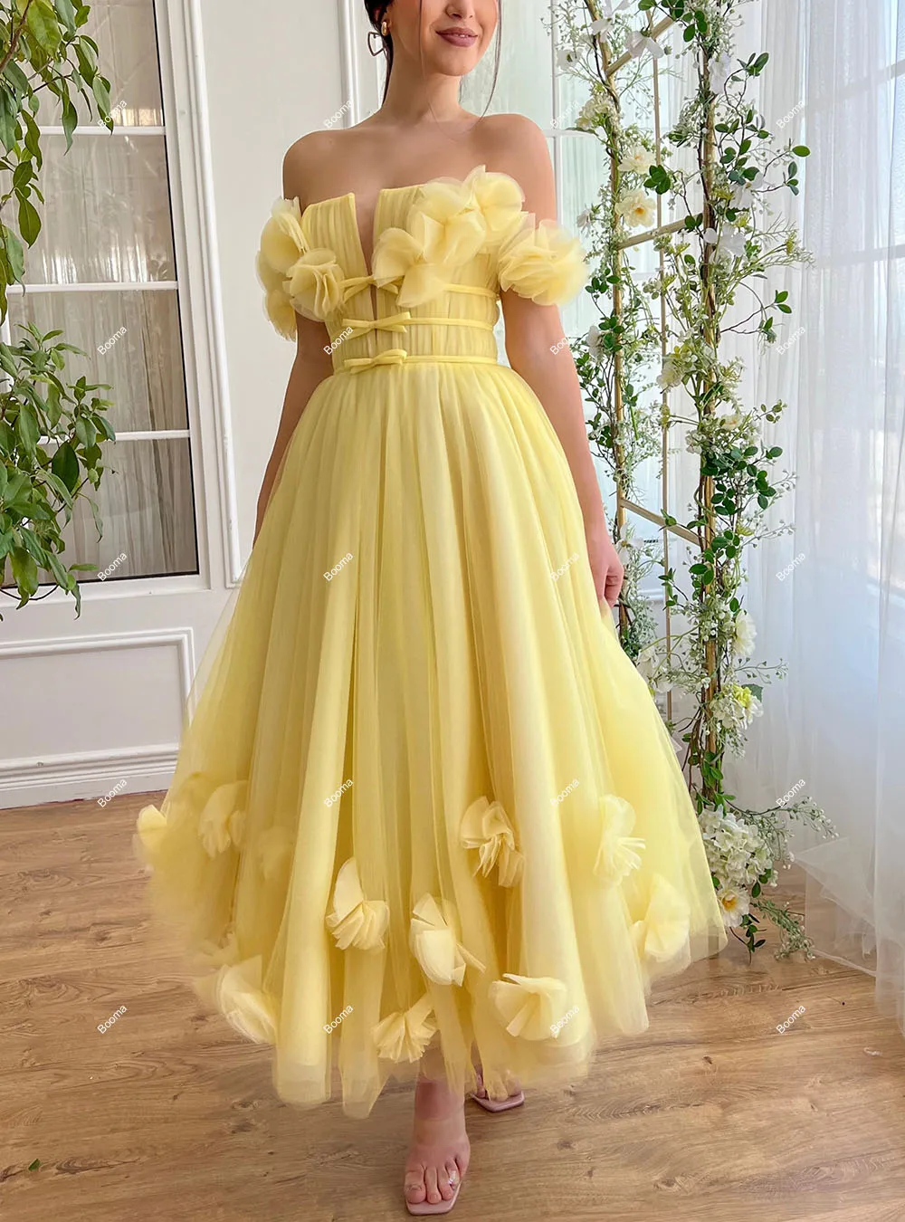 Booma Yellow A-Line Prom Dresses Off Shoulder 3D Flowers Hoemcoming Party Gowns for Women Tea-length Evening Dresses