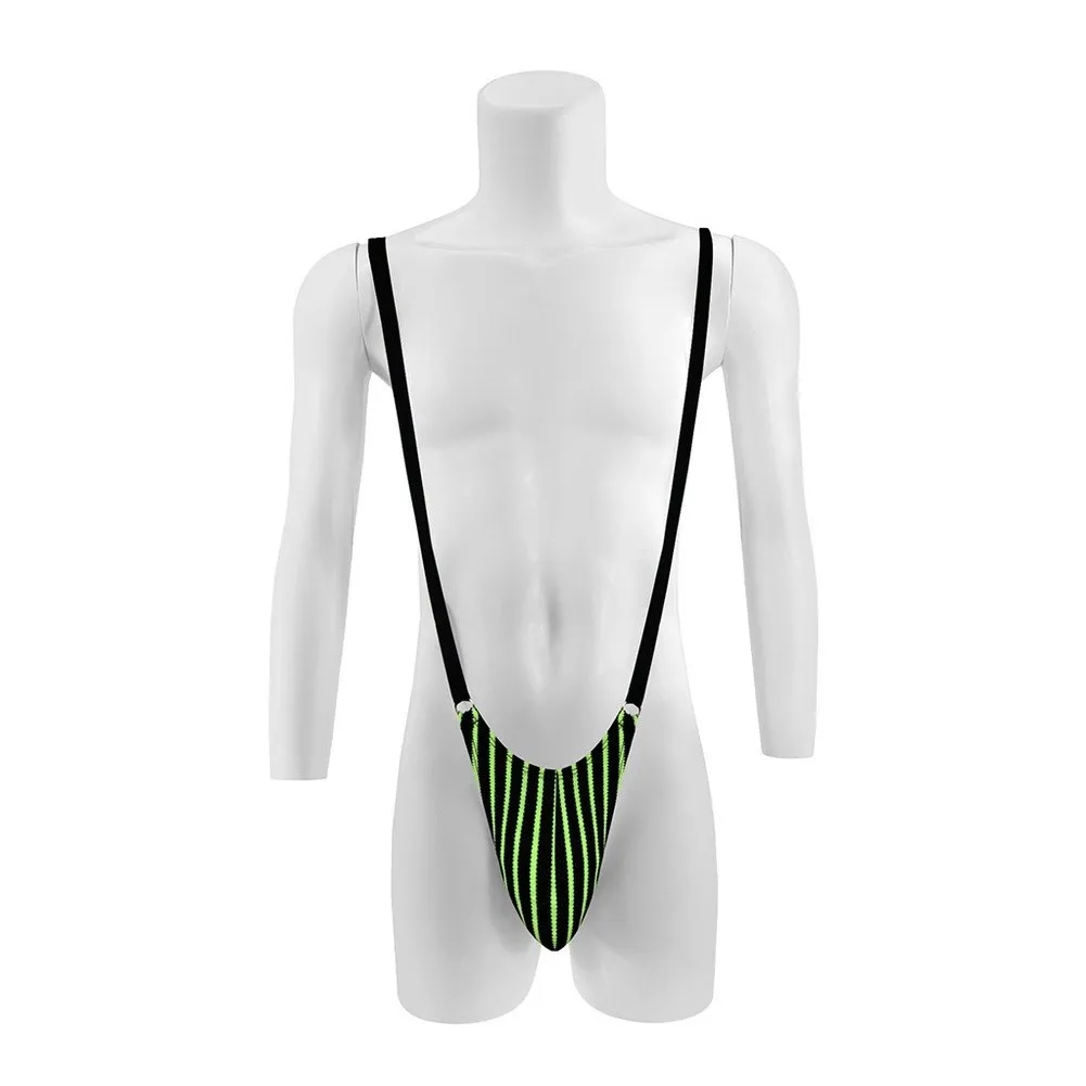 Men's Striped Thong Bodysuit With Bulge Pouch Suspender Shoulder Strap One-Piece Underwear G-String For Daily Wear