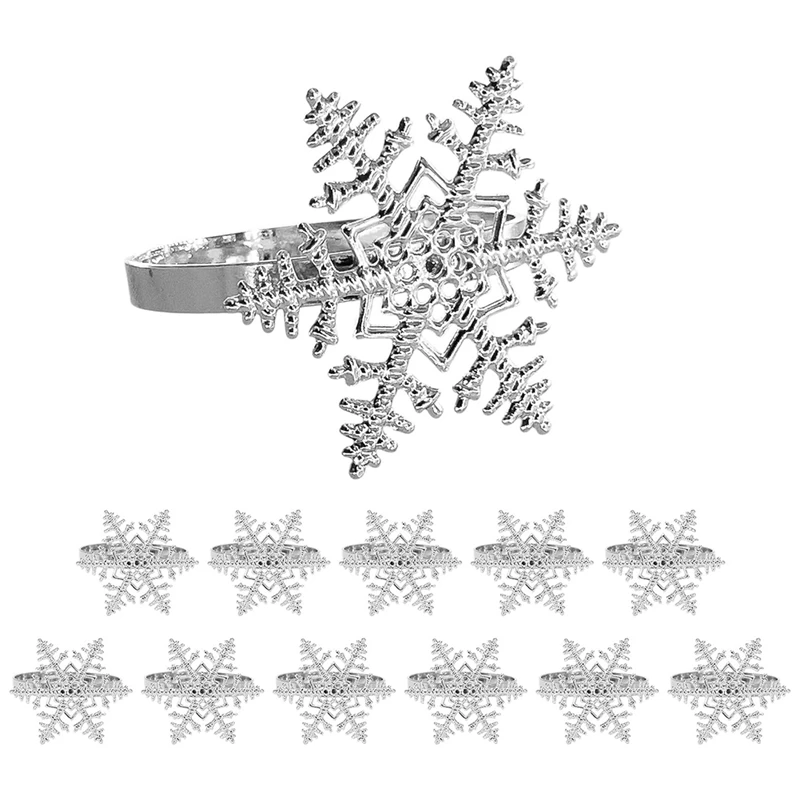 12-Piece Christmas Snowflake Napkin Rings Set with Rhinestone Accents for Holiday Table Decorations Retail