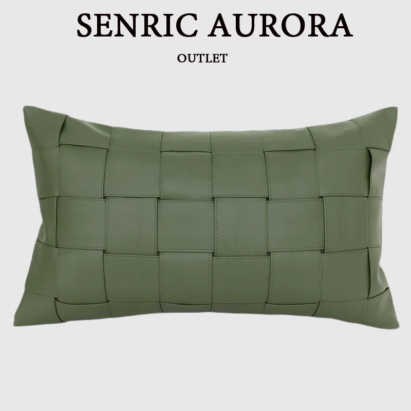 

Green Cushion Cover Hand Woven Leather Rectangle Pillow Case 30x50cm Modern Light Luxury Model Room Sofa Pillow Cover